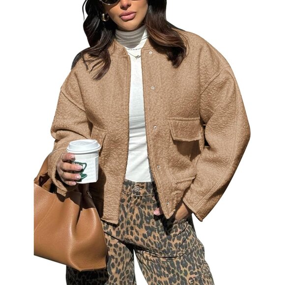 Jackets & Blazers - Women camel  Winter Fleece Jacket Long Sleeve Casual Button Fuzzy Sherpa Crop